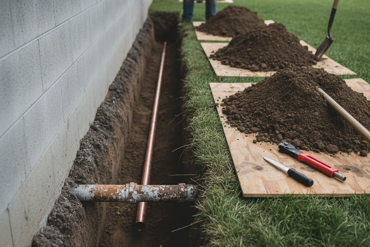 Excavated water line trench during Water Softener Installation in Buckley